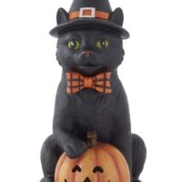 7.5-Inch Black Cat with Witch Hat & LED Jack O Lantern Decoration