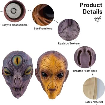 AQKILO® Area 51 Alien Mask Detachable E.T. Latex Full Head Realistic Masks Fancy Dress for Halloween Carnival Costume Party