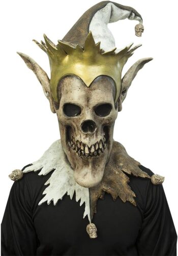 Ghoulish Productions Grim Jester Mask, Grim Jester Carnival Latex Mask Adult. Grim Jester with Gold Crown Costume for Men. Ideal For Halloween. Nightmare Collection Line by Mario Chiodo. Adult Mask One size latex mask