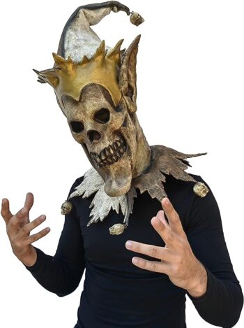 Ghoulish Productions Grim Jester Mask, Grim Jester Carnival Latex Mask Adult. Grim Jester with Gold Crown Costume for Men. Ideal For Halloween. Nightmare Collection Line by Mario Chiodo. Adult Mask One size latex mask