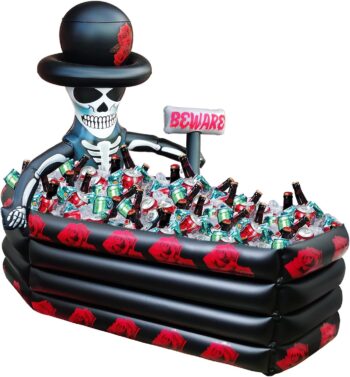 43 Inch Halloween Party Decorations Inflatable Cooler, 120+ Cans Halloween Party Supplies Large Capacity Scary Coffin Skeleton Ice Bucket for Drink Beverage Holder, Halloween Decor for Outdoor Indoor