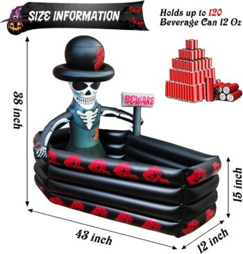 43 Inch Halloween Party Decorations Inflatable Cooler, 120+ Cans Halloween Party Supplies Large Capacity Scary Coffin Skeleton Ice Bucket for Drink Beverage Holder, Halloween Decor for Outdoor Indoor