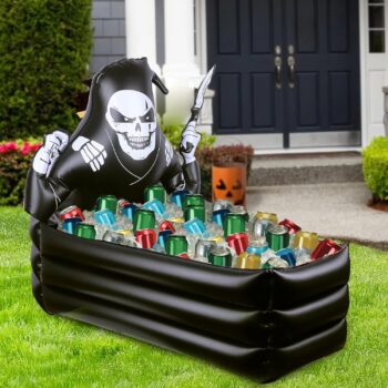 44 Inch Inflatable Grim Reaper Coffin Cooler Halloween Party Supplies 120+ Cans Large Capacity Inflatable Drink Holder for Indoor Outdoor Home Halloween Birthday Party Decorations