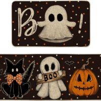 Artoid Mode Bats Black Cats Boo Pumpkin Halloween Kitchen Mats Set of 2, Home Decor Low-Profile Kitchen Rugs for Floor - 17x29 and 17x47 Inch