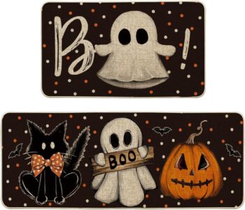 Artoid Mode Bats Black Cats Boo Pumpkin Halloween Kitchen Mats Set of 2, Home Decor Low-Profile Kitchen Rugs for Floor - 17x29 and 17x47 Inch