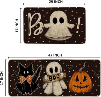 Artoid Mode Bats Black Cats Boo Pumpkin Halloween Kitchen Mats Set of 2, Home Decor Low-Profile Kitchen Rugs for Floor - 17x29 and 17x47 Inch