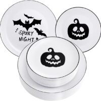 BUCLA 60PCS Halloween Plates & Black and White Plastic Plates Disposable with Pumpkins and Bats- include 30PCS 10.25inch Plates and 30PCS 7.5inch Plates for Halloween Party