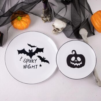 BUCLA 60PCS Halloween Plates & Black and White Plastic Plates Disposable with Pumpkins and Bats- include 30PCS 10.25inch Plates and 30PCS 7.5inch Plates for Halloween Party