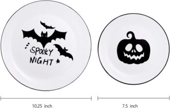 BUCLA 60PCS Halloween Plates & Black and White Plastic Plates Disposable with Pumpkins and Bats- include 30PCS 10.25inch Plates and 30PCS 7.5inch Plates for Halloween Party