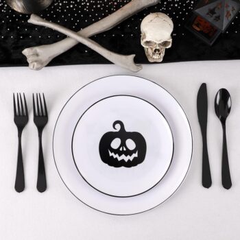 BUCLA 60PCS Halloween Plates & Black and White Plastic Plates Disposable with Pumpkins and Bats- include 30PCS 10.25inch Plates and 30PCS 7.5inch Plates for Halloween Party