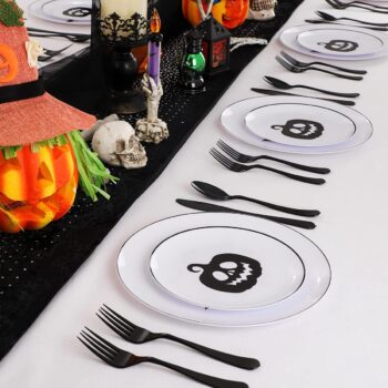 BUCLA 60PCS Halloween Plates & Black and White Plastic Plates Disposable with Pumpkins and Bats- include 30PCS 10.25inch Plates and 30PCS 7.5inch Plates for Halloween Party