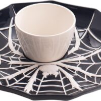 Bico Halloween Spider Web 14.8 inch Black Ceramic Chip and Dip Set, Plate With Sauce Bowl, for snacks, nachos, candy, treats, buffalo wings, Microwave and Dishwasher Safe