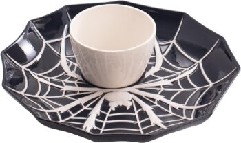 Bico Halloween Spider Web 14.8 inch Black Ceramic Chip and Dip Set, Plate With Sauce Bowl, for snacks, nachos, candy, treats, buffalo wings, Microwave and Dishwasher Safe