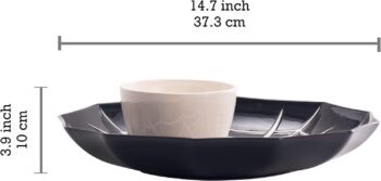 Bico Halloween Spider Web 14.8 inch Black Ceramic Chip and Dip Set, Plate With Sauce Bowl, for snacks, nachos, candy, treats, buffalo wings, Microwave and Dishwasher Safe