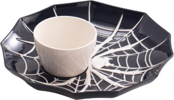 Bico Halloween Spider Web 14.8 inch Black Ceramic Chip and Dip Set, Plate With Sauce Bowl, for snacks, nachos, candy, treats, buffalo wings, Microwave and Dishwasher Safe