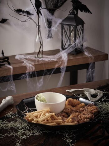 Bico Halloween Spider Web 14.8 inch Black Ceramic Chip and Dip Set, Plate With Sauce Bowl, for snacks, nachos, candy, treats, buffalo wings, Microwave and Dishwasher Safe