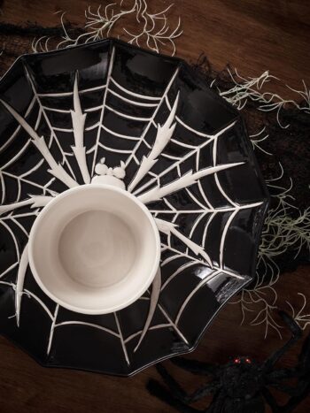 Bico Halloween Spider Web 14.8 inch Black Ceramic Chip and Dip Set, Plate With Sauce Bowl, for snacks, nachos, candy, treats, buffalo wings, Microwave and Dishwasher Safe