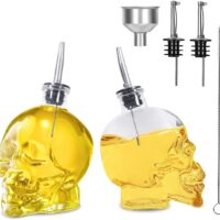 Gusnilo Olive Oil Dispenser 15 Oz Skull Shape Oil and Vinegar Dispenser Set Oil Bottle Glass Oil Bottle Oil Vinegar Cruet Set with Stainless Steel Pourer Spout Funnel 450 Ml