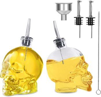 Gusnilo Olive Oil Dispenser 15 Oz Skull Shape Oil and Vinegar Dispenser Set Oil Bottle Glass Oil Bottle Oil Vinegar Cruet Set with Stainless Steel Pourer Spout Funnel 450 Ml