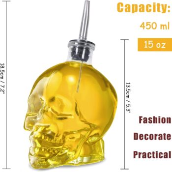 Gusnilo Olive Oil Dispenser 15 Oz Skull Shape Oil and Vinegar Dispenser Set Oil Bottle Glass Oil Bottle Oil Vinegar Cruet Set with Stainless Steel Pourer Spout Funnel 450 Ml