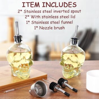 Gusnilo Olive Oil Dispenser 15 Oz Skull Shape Oil and Vinegar Dispenser Set Oil Bottle Glass Oil Bottle Oil Vinegar Cruet Set with Stainless Steel Pourer Spout Funnel 450 Ml