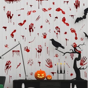 Halloween Bloody Handprint Footprint Window Stickers Wall Stickers for Halloween Party Decorations Inside Outside Decor Come with Plastic Scraper Tools