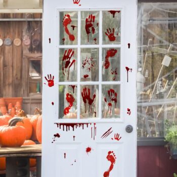 Halloween Bloody Handprint Footprint Window Stickers Wall Stickers for Halloween Party Decorations Inside Outside Decor Come with Plastic Scraper Tools