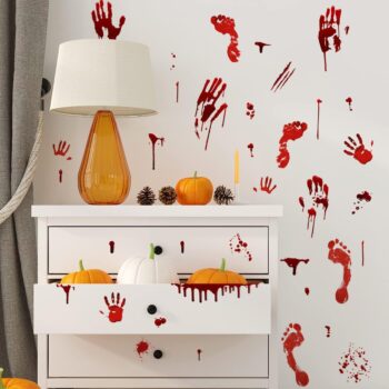 Halloween Bloody Handprint Footprint Window Stickers Wall Stickers for Halloween Party Decorations Inside Outside Decor Come with Plastic Scraper Tools