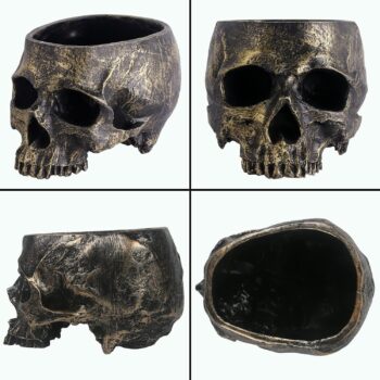 Halloween Skull Candy Dish- Deep Skull Head Halloween Candy Bowl Holder Artificial Resin Skulls Decor Indoor Outdoor Table Centerpieces Flower Pot Plant Office Pen Holder Desktop Ornaments - Bronze