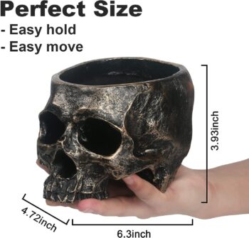 Halloween Skull Candy Dish- Deep Skull Head Halloween Candy Bowl Holder Artificial Resin Skulls Decor Indoor Outdoor Table Centerpieces Flower Pot Plant Office Pen Holder Desktop Ornaments - Bronze