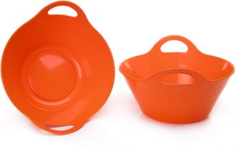 Mintra Home Plastic Bowls with Handles (4.5L Large 2pk, Orange) - 11.25W x 5inH (6.75inH with handles) - great for popcorn, snacks, drinks, candy, Halloween, trick or treat bowls