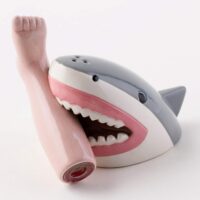 One Hundred 80 Degrees Aurrra Ceramic Shark and Foot Salt and Pepper Shaker Set, 3.75 Inches, Grey/Pink/White