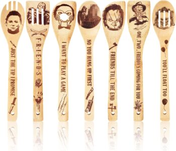 Whaline 7Pcs Horror Movie Character Wooden Spoons Set Halloween Wooden Spoons Natural Burned Cooking Utensil Spoon Engraved Laser Scoops for Halloween Party Decoration House Kitchen Supplies