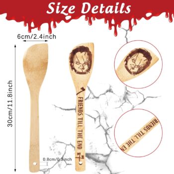 Whaline 7Pcs Horror Movie Character Wooden Spoons Set Halloween Wooden Spoons Natural Burned Cooking Utensil Spoon Engraved Laser Scoops for Halloween Party Decoration House Kitchen Supplies