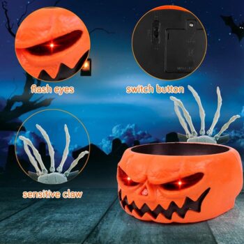 XIMISHOP Animated Halloween Skull Bowl, Halloween Pumpkin Candy Bowl Dish with Creepy Moving Skeleton Hand for Halloween Party Decoration