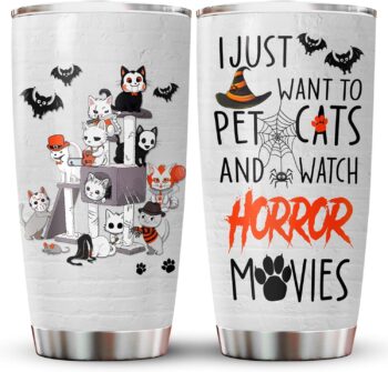 34HD Christmas Gifts for Cat Lovers, Pet Cats And Watch Horror Movies Tumbler Stainless Steel with Lid, Cats Coffee Mug, Birthday Gifts for Horror Lovers