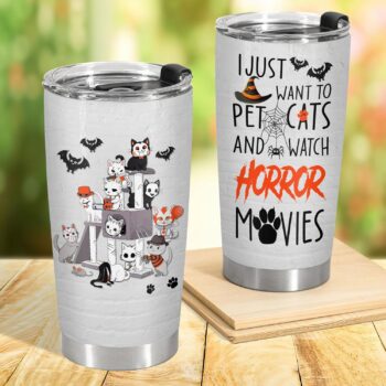 34HD Christmas Gifts for Cat Lovers, Pet Cats And Watch Horror Movies Tumbler Stainless Steel with Lid, Cats Coffee Mug, Birthday Gifts for Horror Lovers