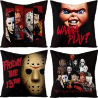 4Pcs Horror Classic Movie Characters Pillow Covers, 18 x 18 Inch Halloween Friday The 13th Throw Pillow Case Linen Decorative Square Cushion Covers for Horror Theme Party Decor Birthday Gift