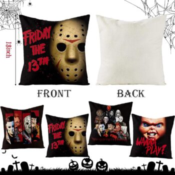 4Pcs Horror Classic Movie Characters Pillow Covers, 18 x 18 Inch Halloween Friday The 13th Throw Pillow Case Linen Decorative Square Cushion Covers for Horror Theme Party Decor Birthday Gift