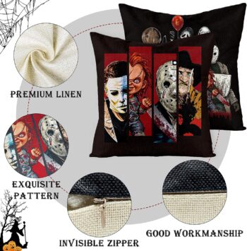 4Pcs Horror Classic Movie Characters Pillow Covers, 18 x 18 Inch Halloween Friday The 13th Throw Pillow Case Linen Decorative Square Cushion Covers for Horror Theme Party Decor Birthday Gift