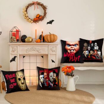 4Pcs Horror Classic Movie Characters Pillow Covers, 18 x 18 Inch Halloween Friday The 13th Throw Pillow Case Linen Decorative Square Cushion Covers for Horror Theme Party Decor Birthday Gift