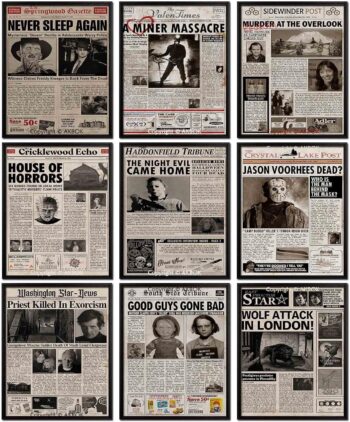 AKBOK Vintage Horror Movie Newspaper Article Poster Classic Scary Movie Character Poster Newspaper Art Prints Home Theater Set for Man Cave Living Room Bedroom 8”X 10” Unframed 9Pcs