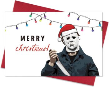 Funny Christmas Card with Envelopes, Horror Movie Christmas Gifts for Women Men, Humor Christmas Gift ideas for Him Her, Michael Myers Xmas Cards Gifts for Friends Brother Sister, Killer Holiday