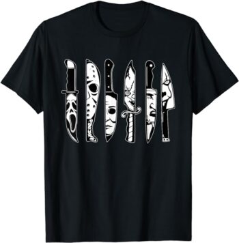 Horror Movie Characters in Knives, Funny Halloween Films T-Shirt