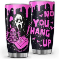 No You Hang Up Pink Screams Horror Ghost Face Characters Coffee Tumbler with Lid Halloween Gifts For Women Adults Scary Horror Movie Fans 20oz 30oz Tumbler Cup Insulated Travel Coffee Mug