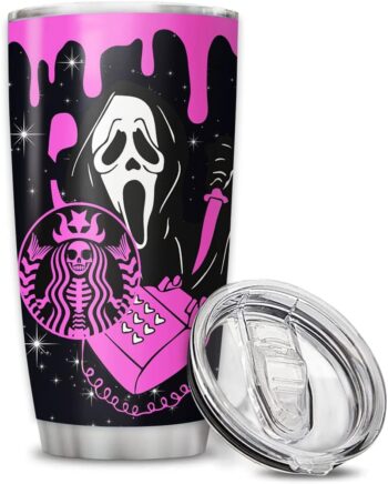 No You Hang Up Pink Screams Horror Ghost Face Characters Coffee Tumbler with Lid Halloween Gifts For Women Adults Scary Horror Movie Fans 20oz 30oz Tumbler Cup Insulated Travel Coffee Mug