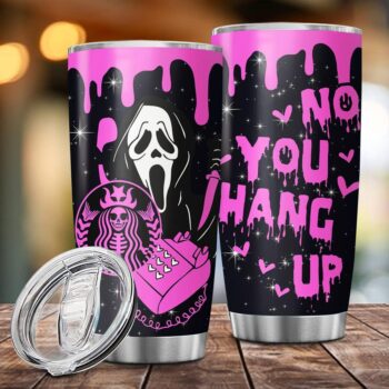 No You Hang Up Pink Screams Horror Ghost Face Characters Coffee Tumbler with Lid Halloween Gifts For Women Adults Scary Horror Movie Fans 20oz 30oz Tumbler Cup Insulated Travel Coffee Mug