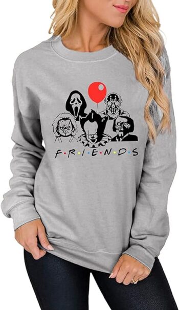 QIANRUO Halloween Horror Movies Sweatshirt Women Novelty Graphic Tee Shirt Casual Fall Long Sleeve Pullover Tops