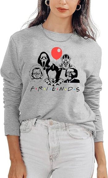 QIANRUO Halloween Horror Movies Sweatshirt Women Novelty Graphic Tee Shirt Casual Fall Long Sleeve Pullover Tops