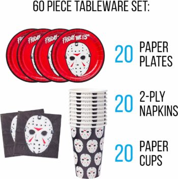 Silver Buffalo Friday The 13th Texture Mask Paper Plates Cups Napkins Party Pack Set, 60 Piece, 20 Count